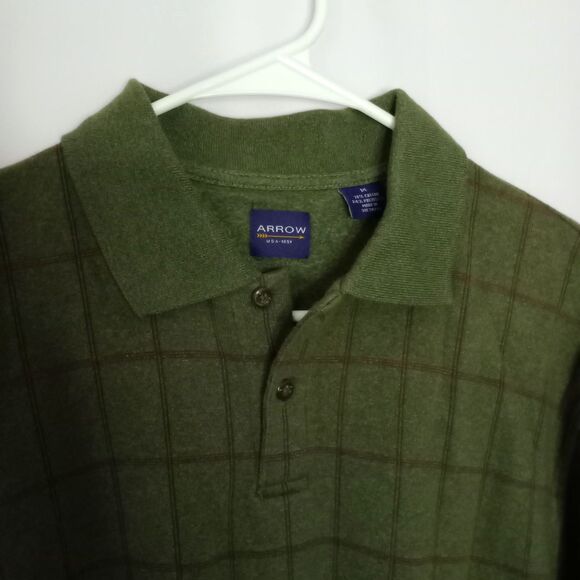 Arrow Long Sleeve Plaid Polo Shirt Cottn Blnd Button Collar Golf Top Classic Med - Picture 3 of 5